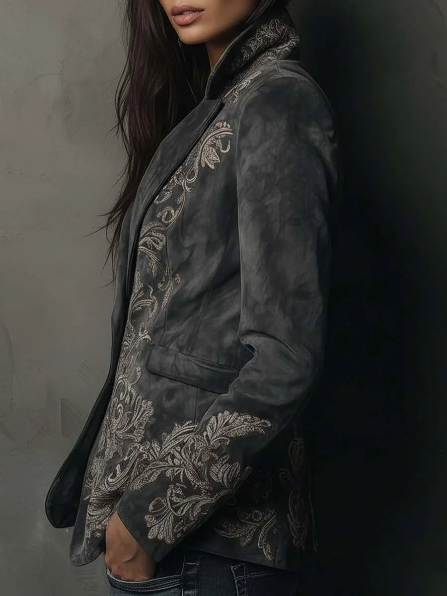Embossed Floral Eco-Suede Blazer In Charcoal Taupe