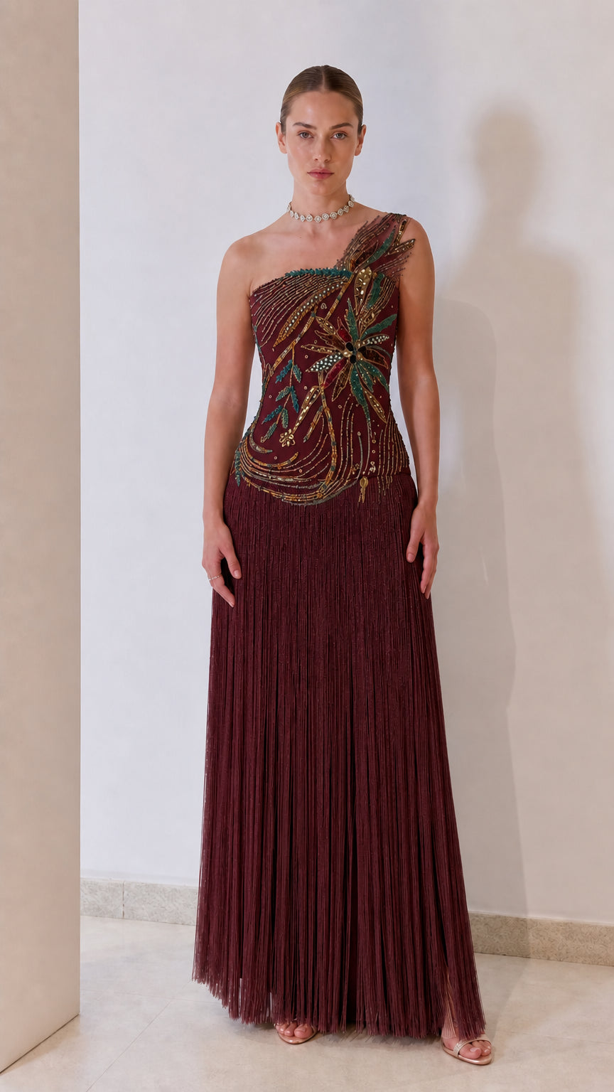 One-Shoulder Beaded Corset Fringe Maxi Evening Gown