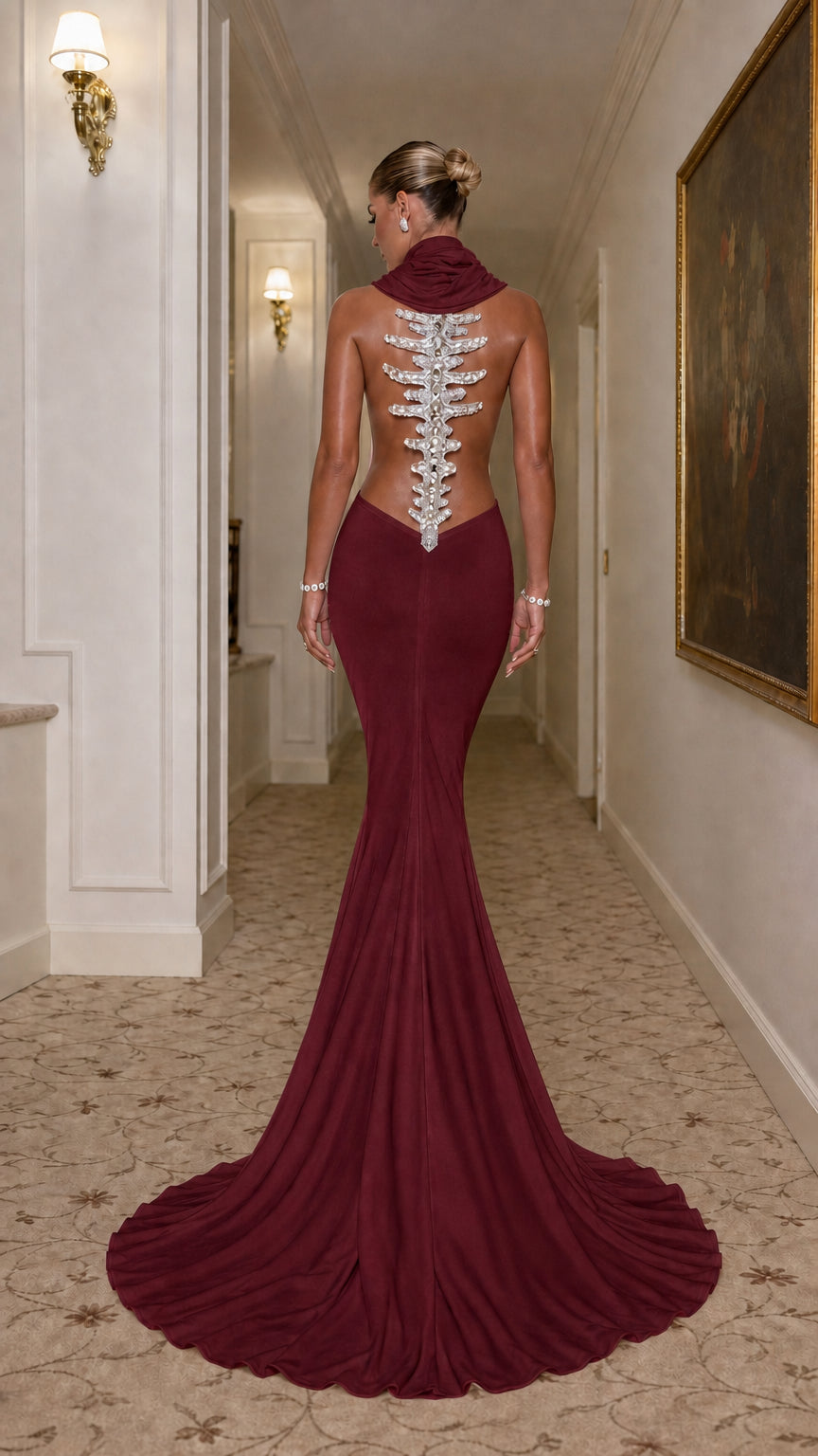 High Neck Backless Mermaid Maxi Gown with Crystal Spine Detail
