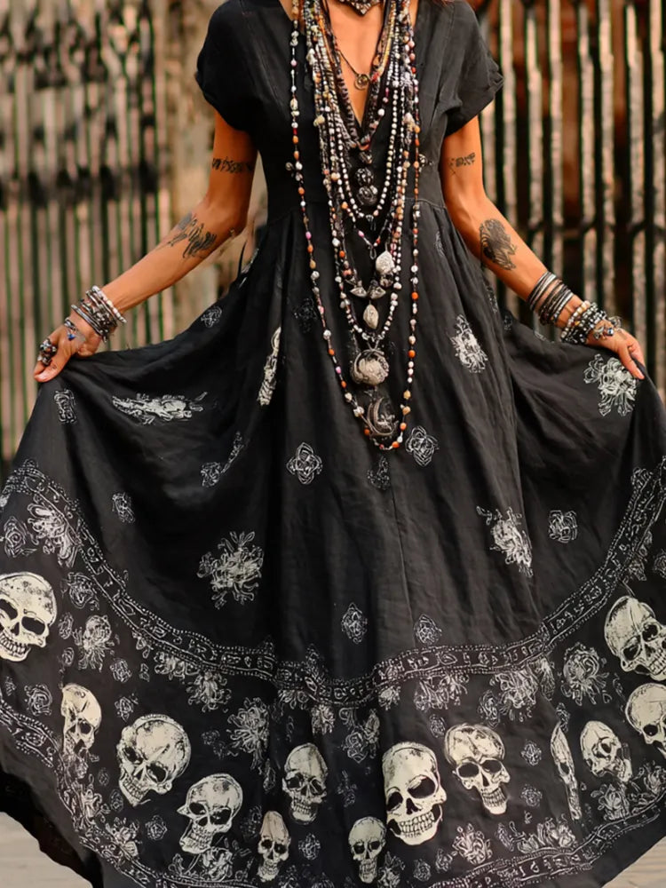 Day Of The Dead Skull Flower Print V-neck Retro Black Short Sleeve A-line Long Dress