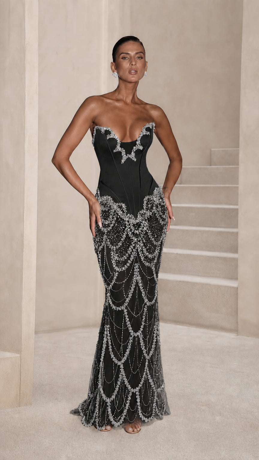 Strapless Beaded Corset Mermaid Evening Gown with Crystal Draping