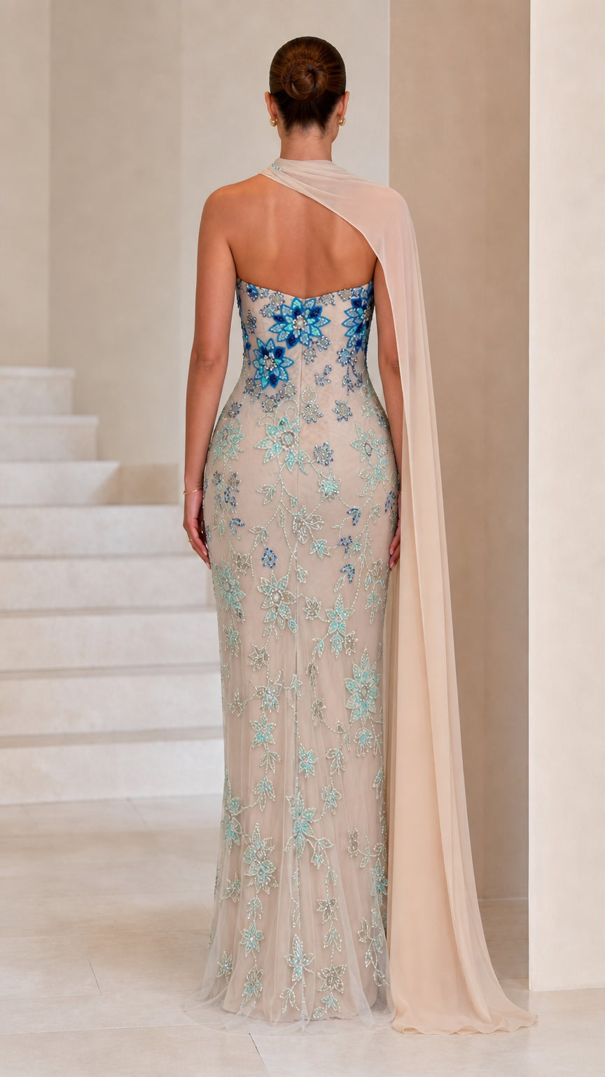 Strapless Beaded Floral Column Evening Gown with Sheer Cape