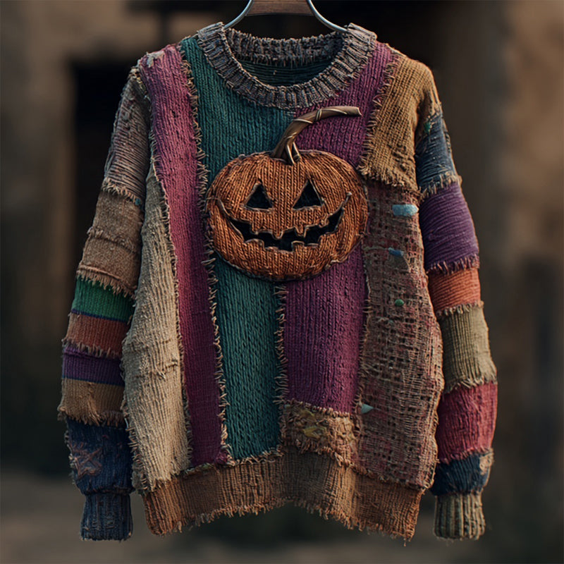 Spooky Pumpkin Face Embroidered Patchwork Cozy Sweater