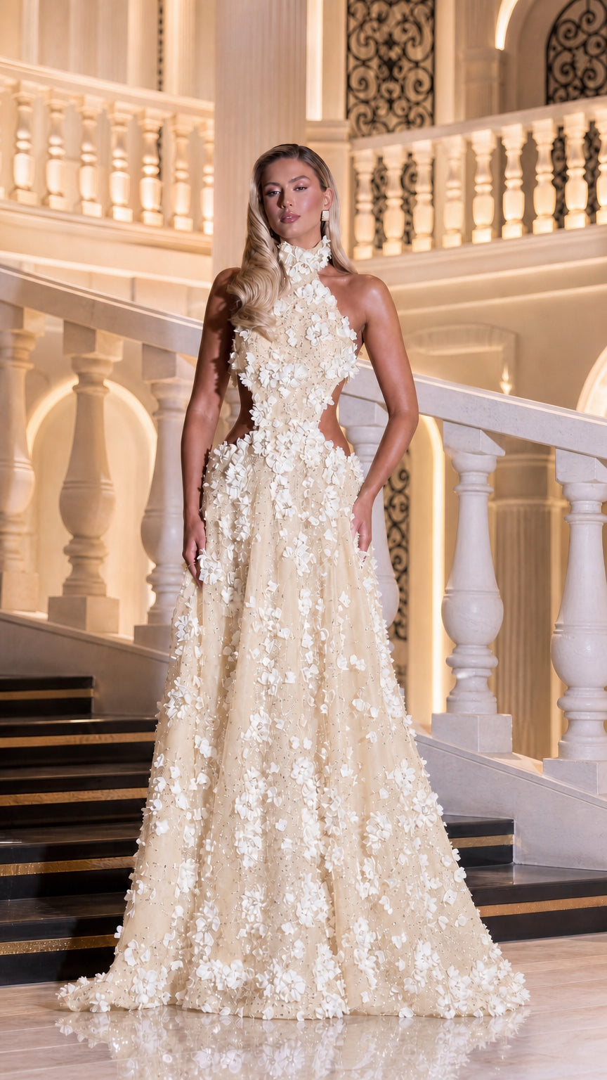 3D Floral Applique Halter Cutout Evening Gown