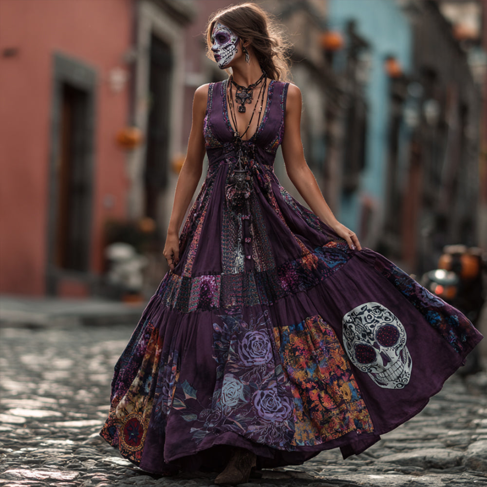 Ladies' Vintage-style Dress With Skull Pattern And Shoulder Straps