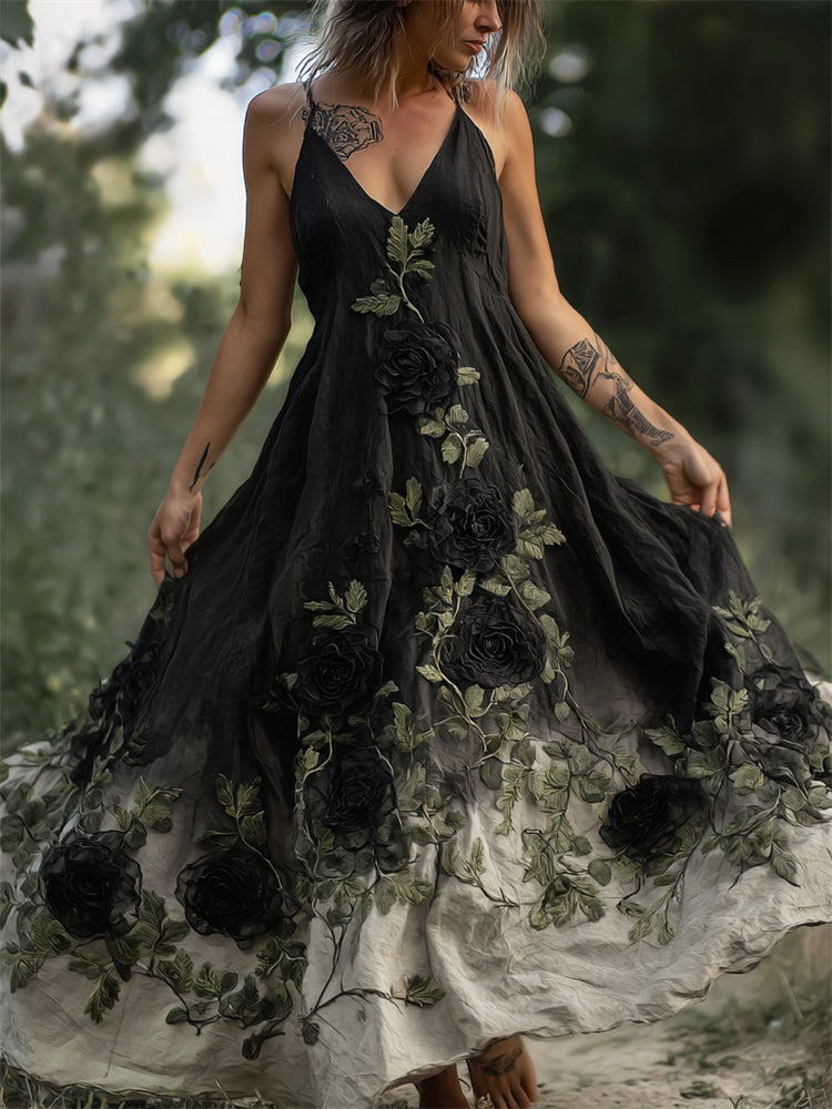 Vintage Gothic Black Roses Vines Gradient Flowy Linen Dress