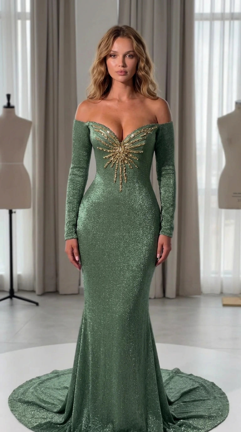 Off-Shoulder Beaded Starburst Evening Gown with Long Sleeves