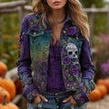 Women's Vintage Skull Rose Embroidered Gradient Denim Jacket
