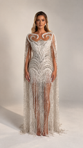 Luminous Beaded Fringe Cape Evening Gown