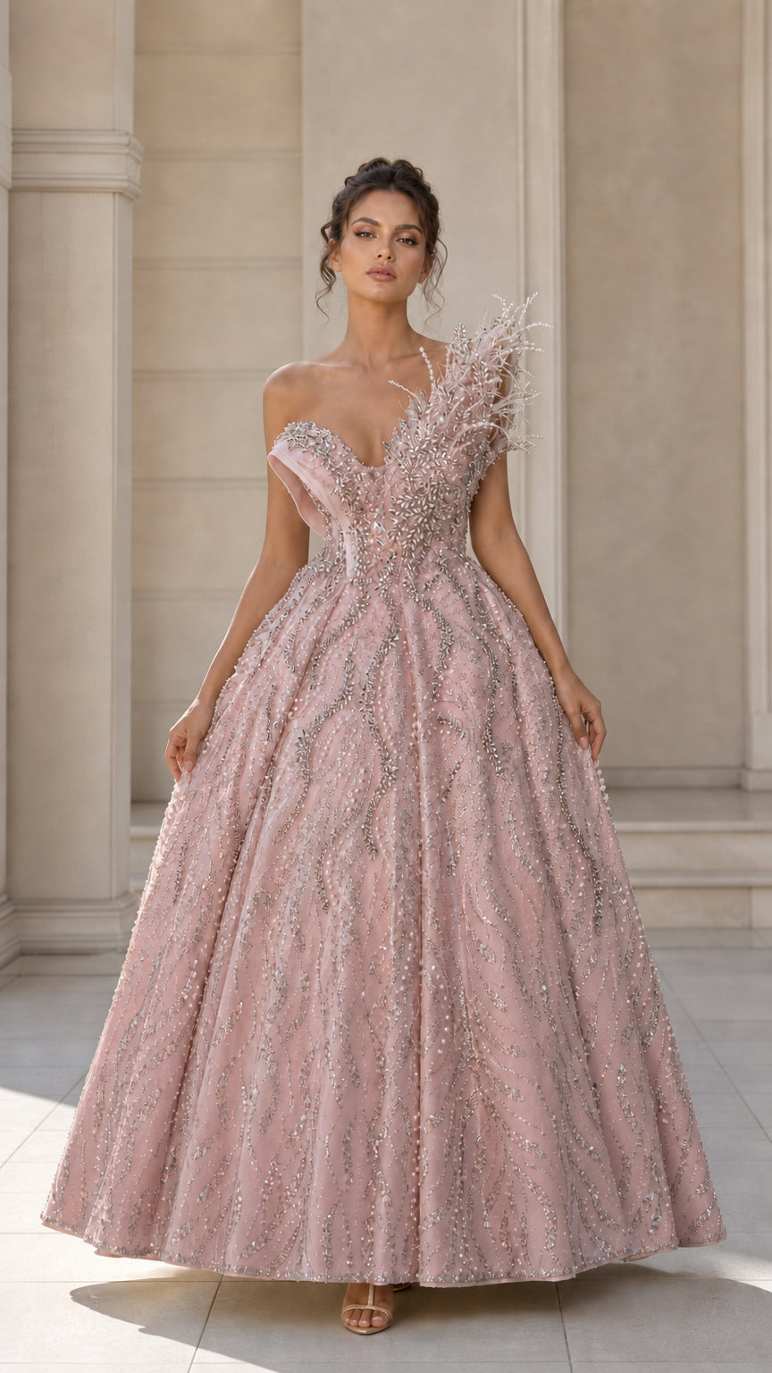 Asymmetrical Feather Accent Beaded Ball Gown