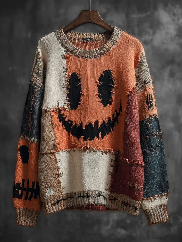 Vintage Halloween Spooky Face Colorblock Patchwork Knitted Sweater