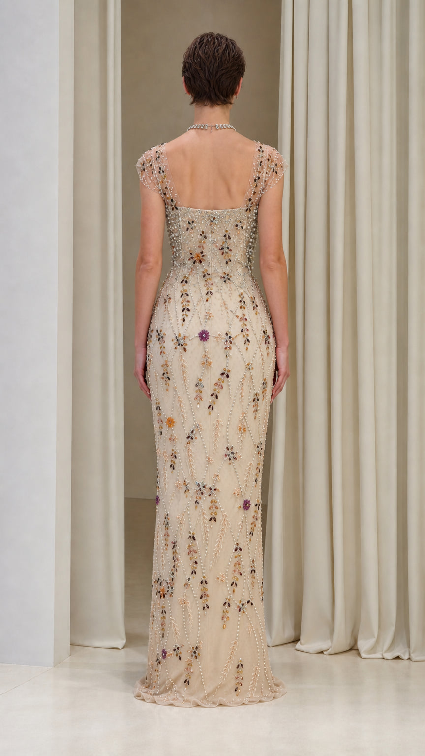 Floral Beaded Cap-Sleeve Column Evening Gown