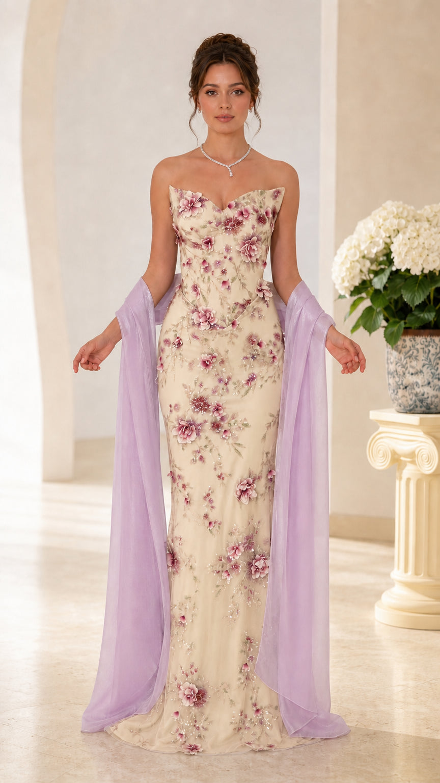 Strapless 3D Floral Embroidered Evening Gown with Sheer Wrap