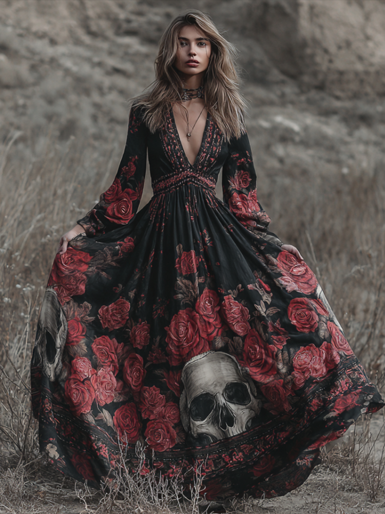 Halloween Theme Rose And Skull Pattern Women's V-neck Long Dress