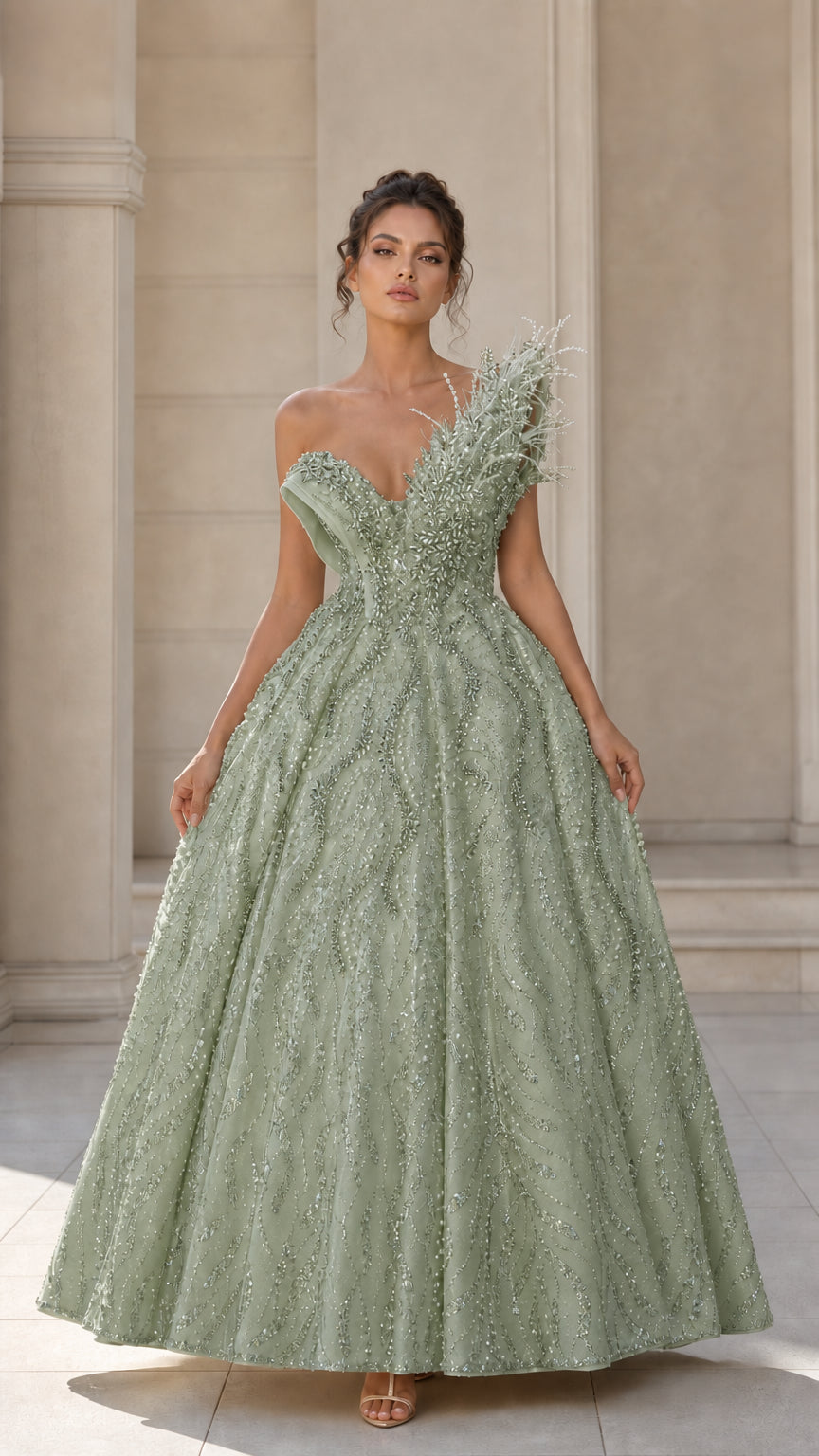 Asymmetrical Feather Accent Beaded Ball Gown