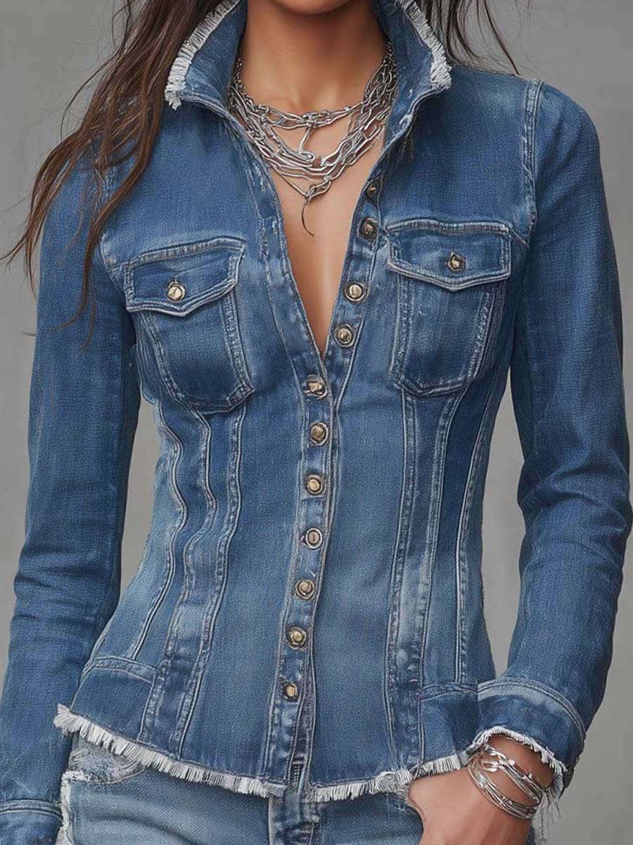 Classic Retro Fitted Frayed-Edge Denim Shirt Jacket with Button Front