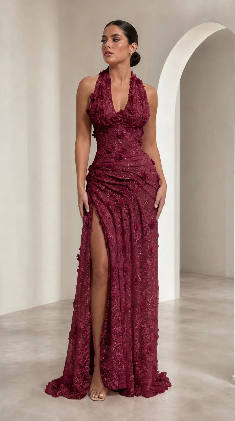 3D Floral Appliqué Halter Neck Maxi Evening Dress with High Slit