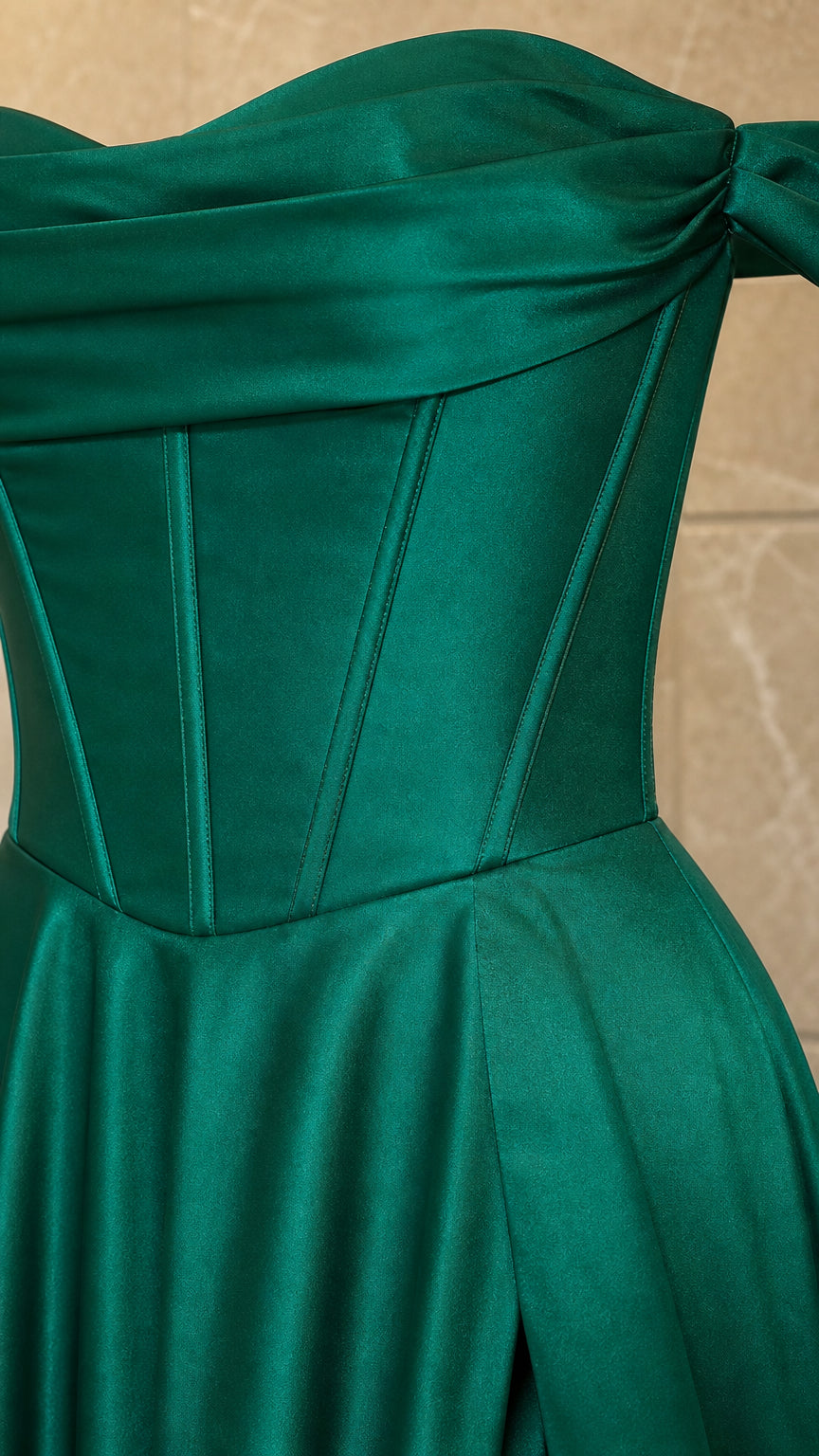 Off-The-Shoulder Corset Satin Maxi Dress with High Slit