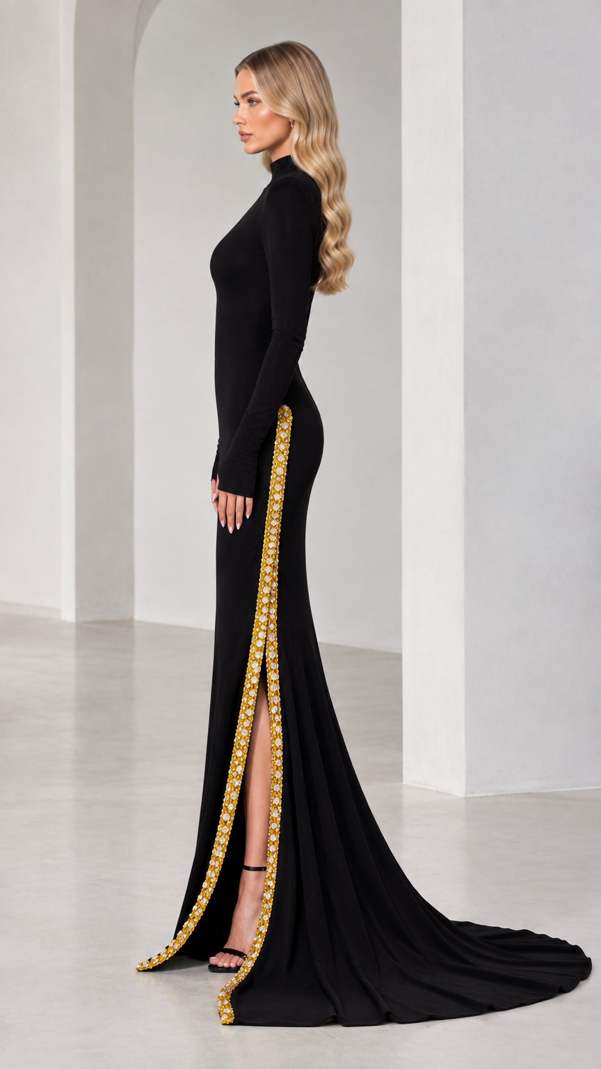 High Neck Long Sleeve Embellished Slit Evening Gown with Train