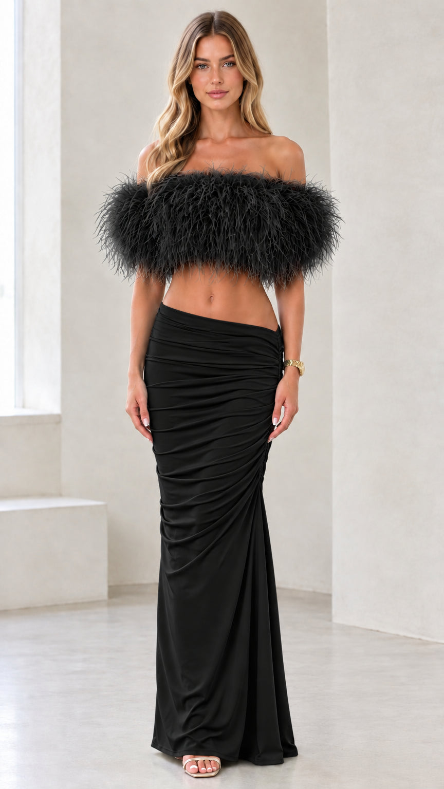 Feather Crop Top and Ruched Maxi Skirt Two-Piece Evening Set