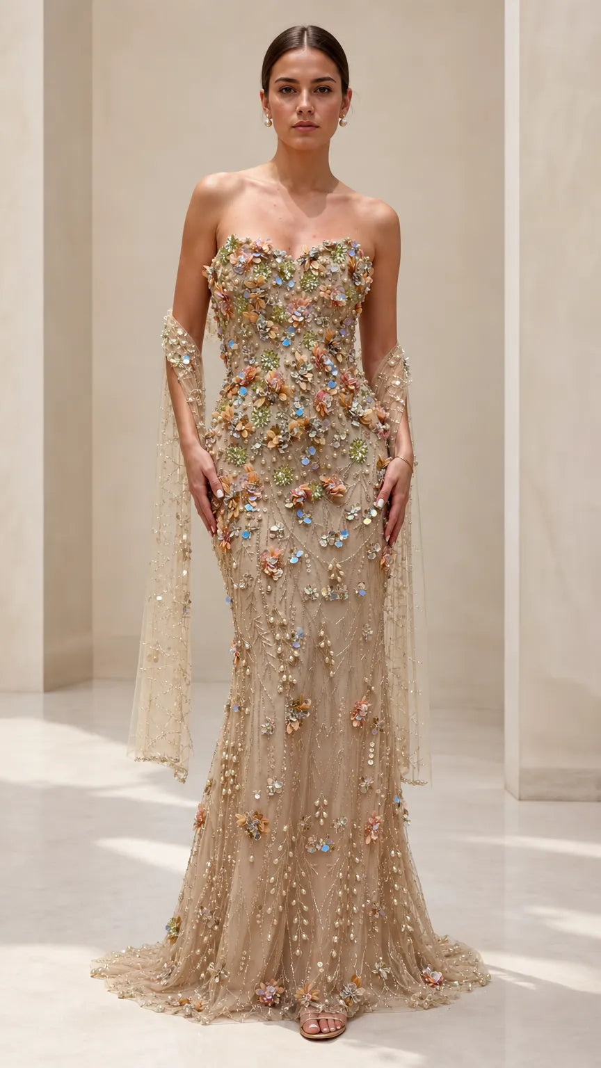 Strapless 3D Floral Embellished Mermaid Evening Gown with Draped Cape Sleeves