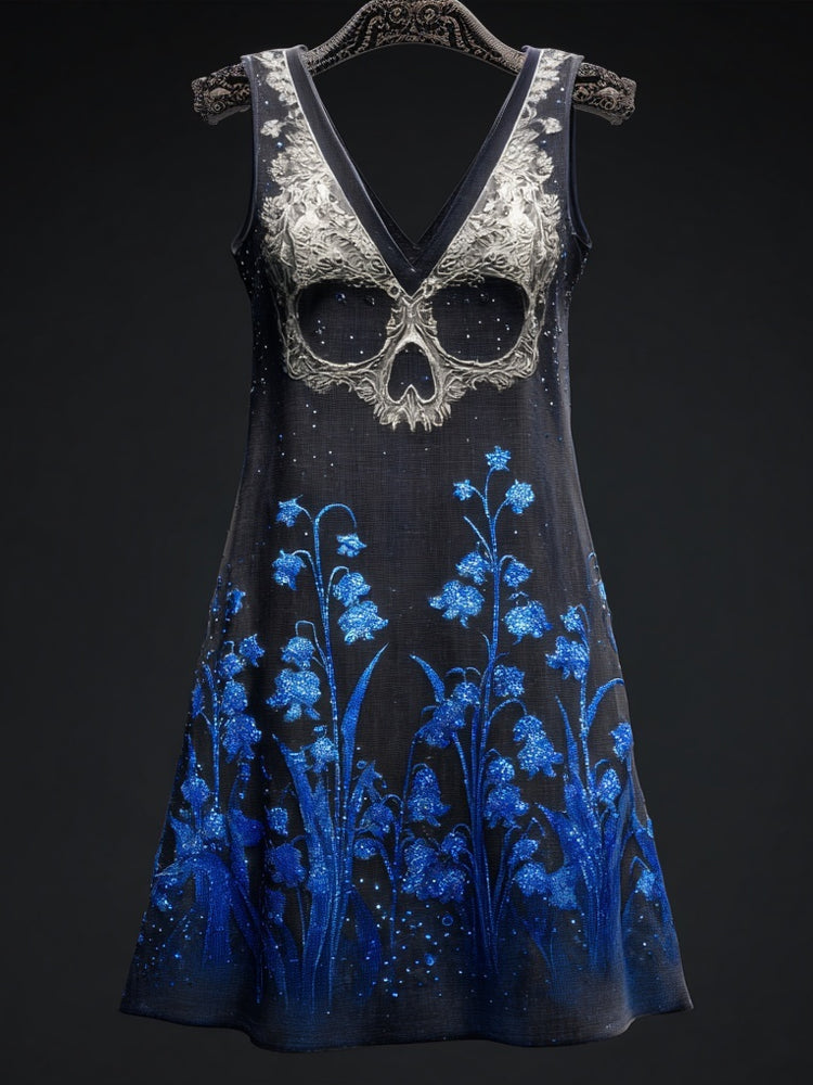 Vintage Lily Of The Valley & Skull Embroidered Linen Mini Dress