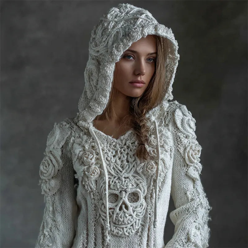 Vintage White Roses Viking Celtic Skull Hooded Cozy Knit Sweater