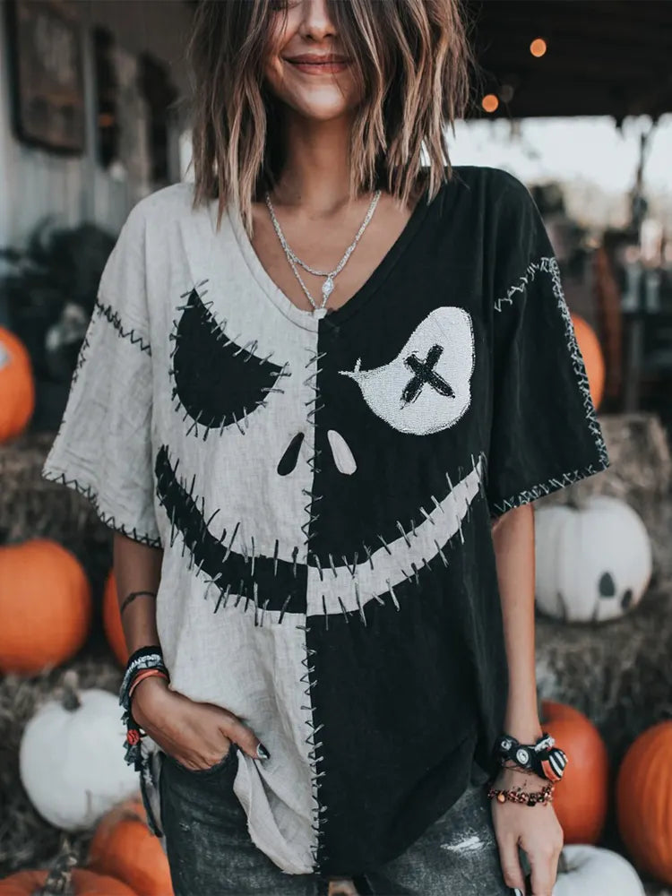 Halloween Spooky Face Pattern Casual Linen V-neck T-shirt