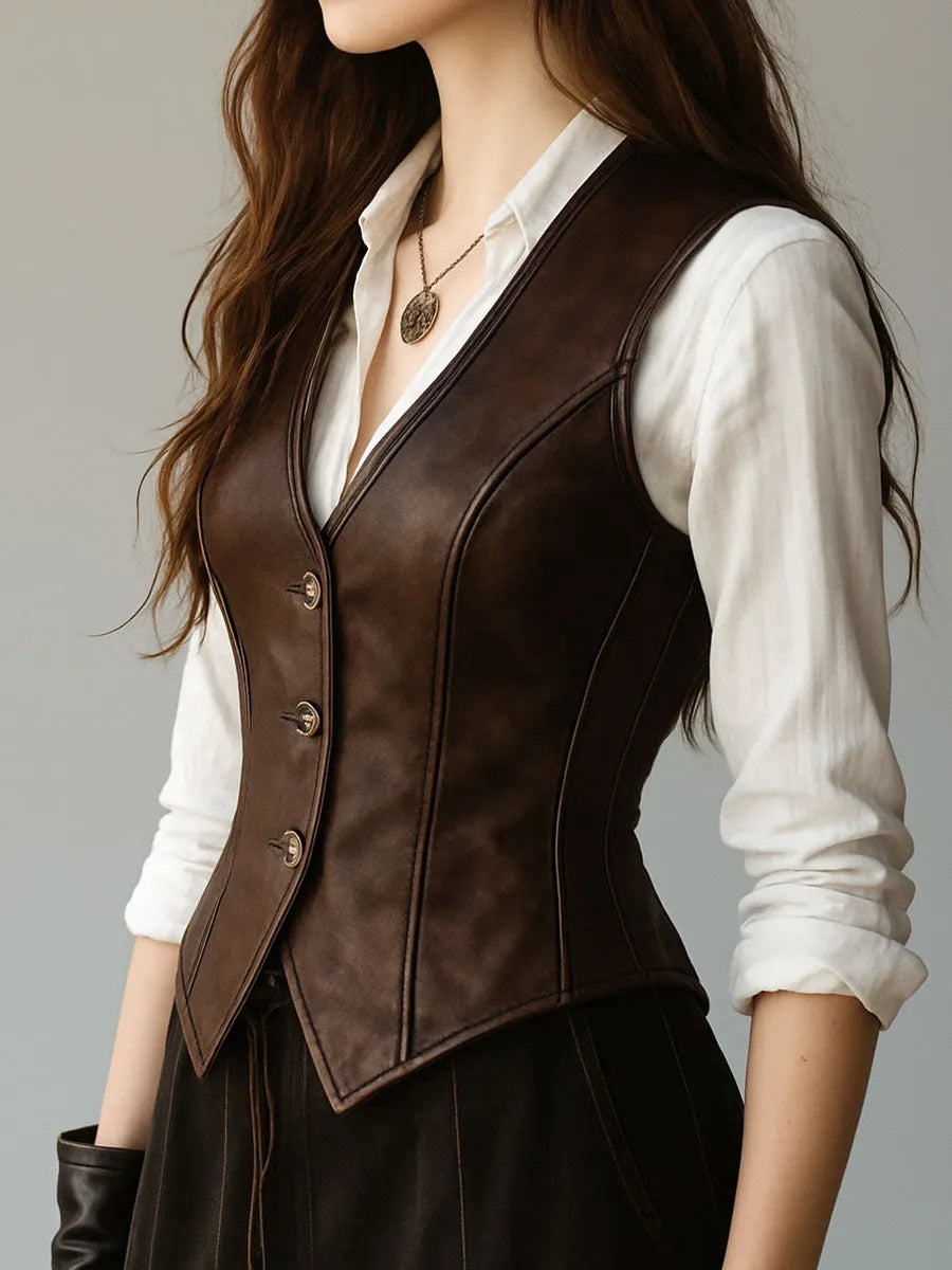 Retro Waist-cinched Button Down Leather Waistcoat