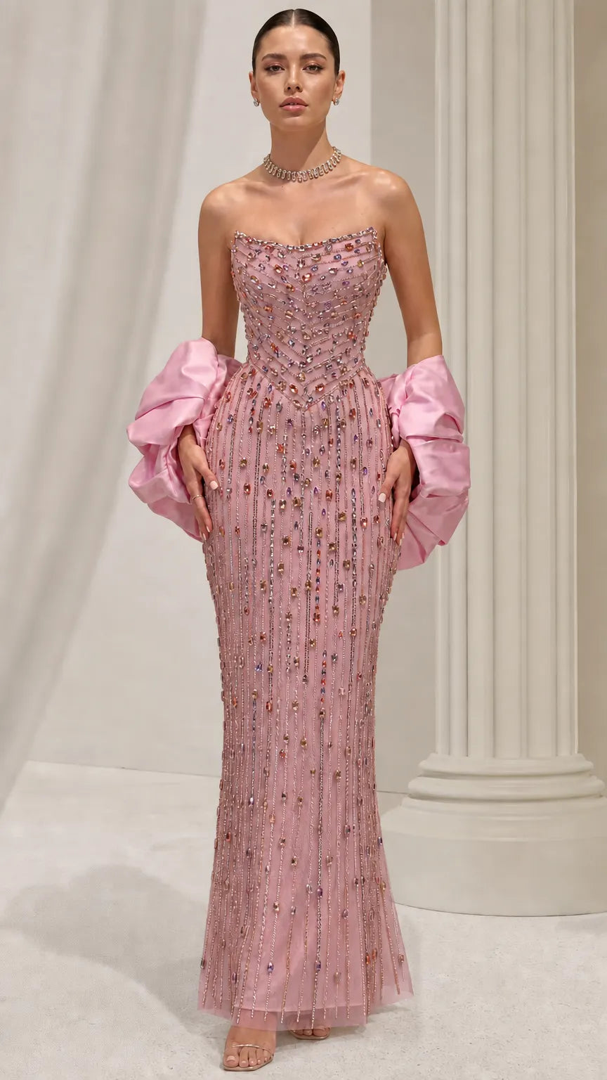 Strapless Beaded Column Evening Gown with Dramatic Puff Sleeves