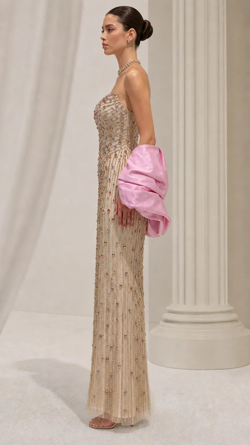 Strapless Beaded Column Evening Gown with Dramatic Puff Sleeves