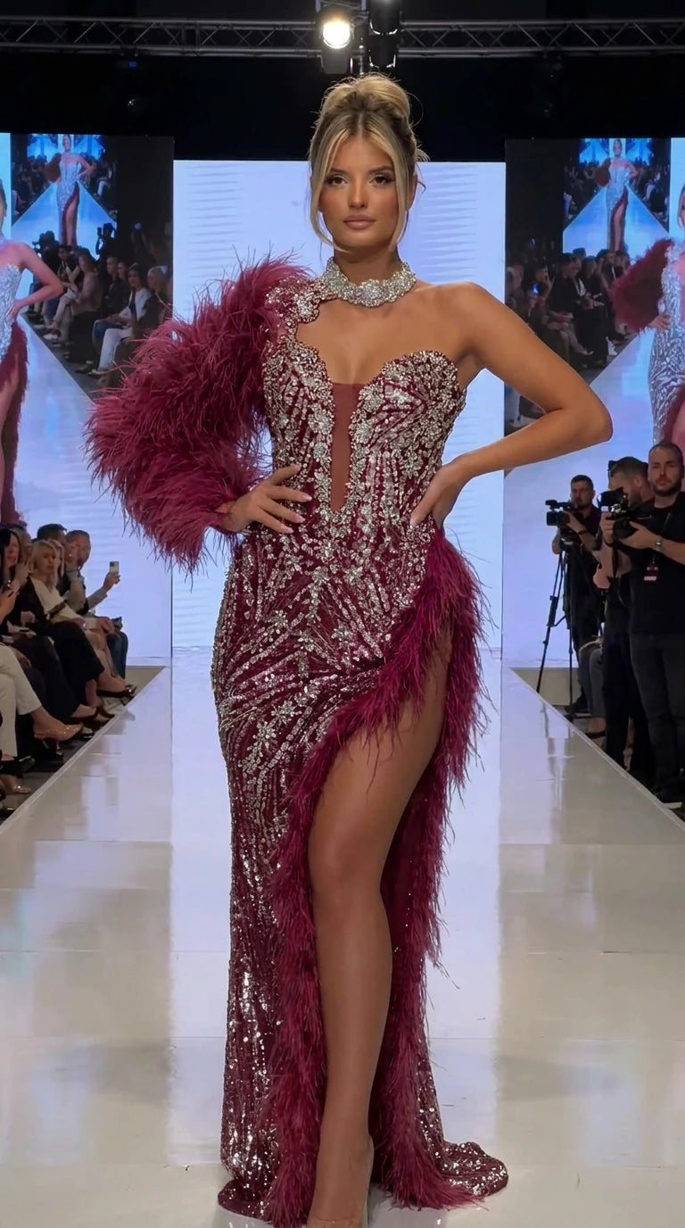 One-Shoulder Feather Trim Sequin Evening Gown with Slit