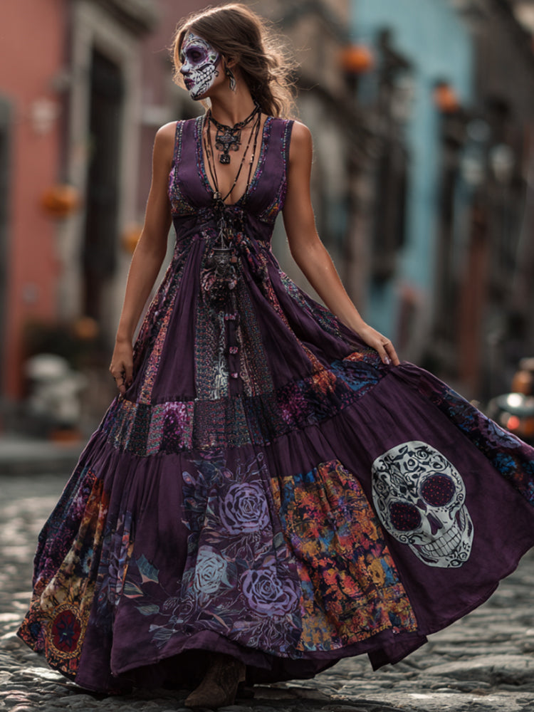 Ladies' Vintage-style Dress With Skull Pattern And Shoulder Straps