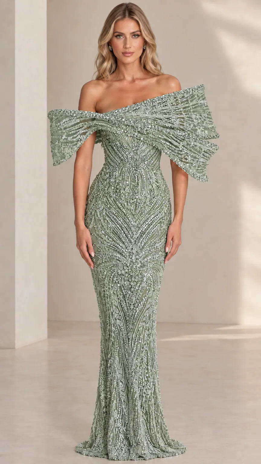 Off-The-Shoulder Beaded Mermaid Evening Gown with Sculpted Capelet Sleeves