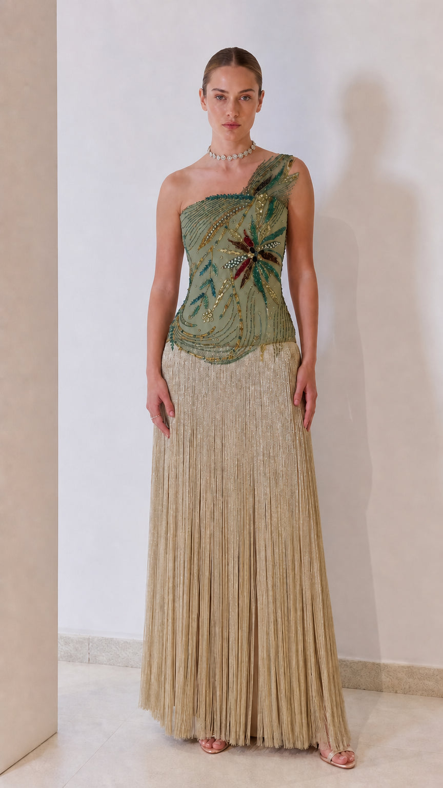 One-Shoulder Beaded Corset Fringe Maxi Evening Gown