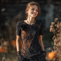 Women's Halloween Spider Web And Rose Embroidered Crew Neck T-shirt