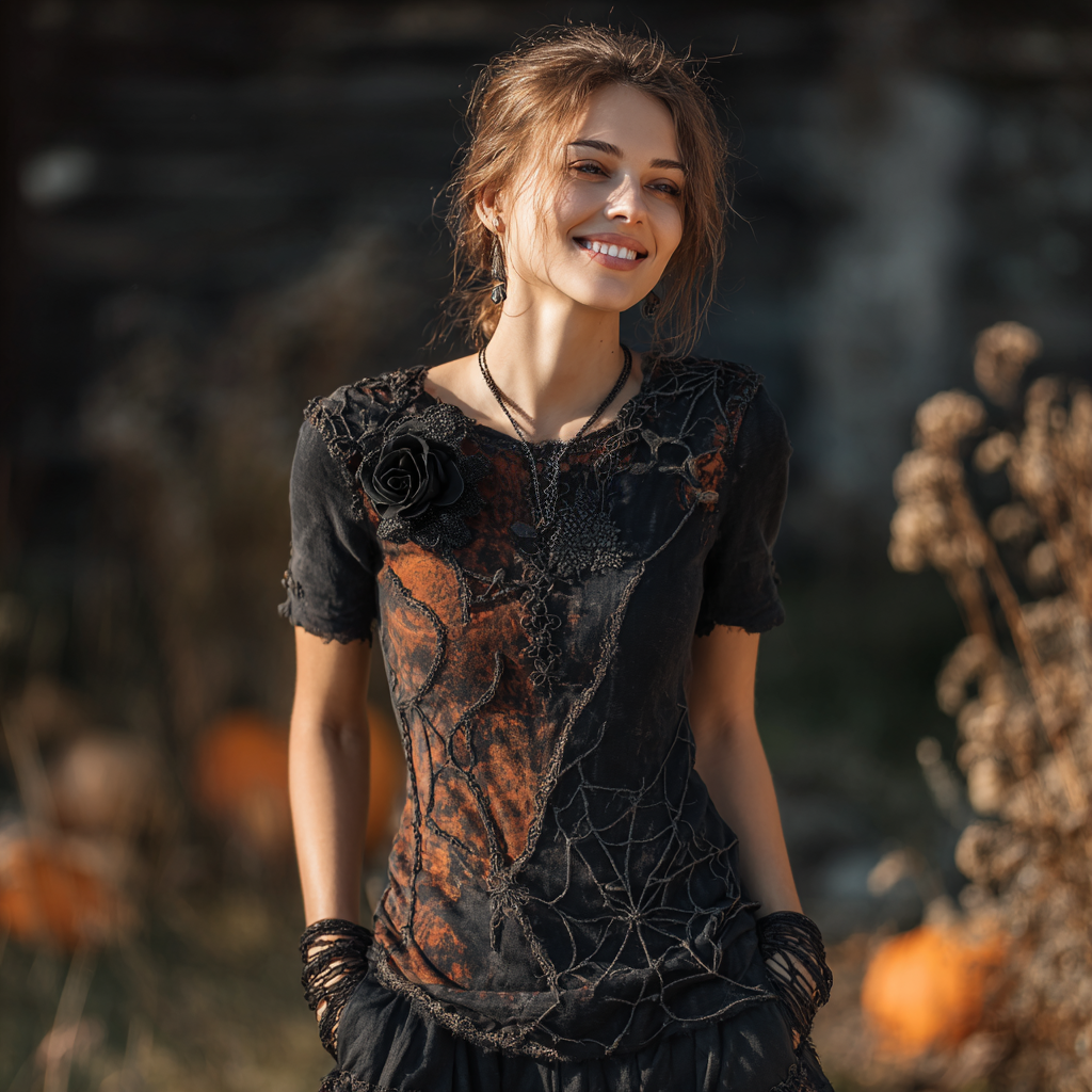 Women's Halloween Spider Web And Rose Embroidered Crew Neck T-shirt