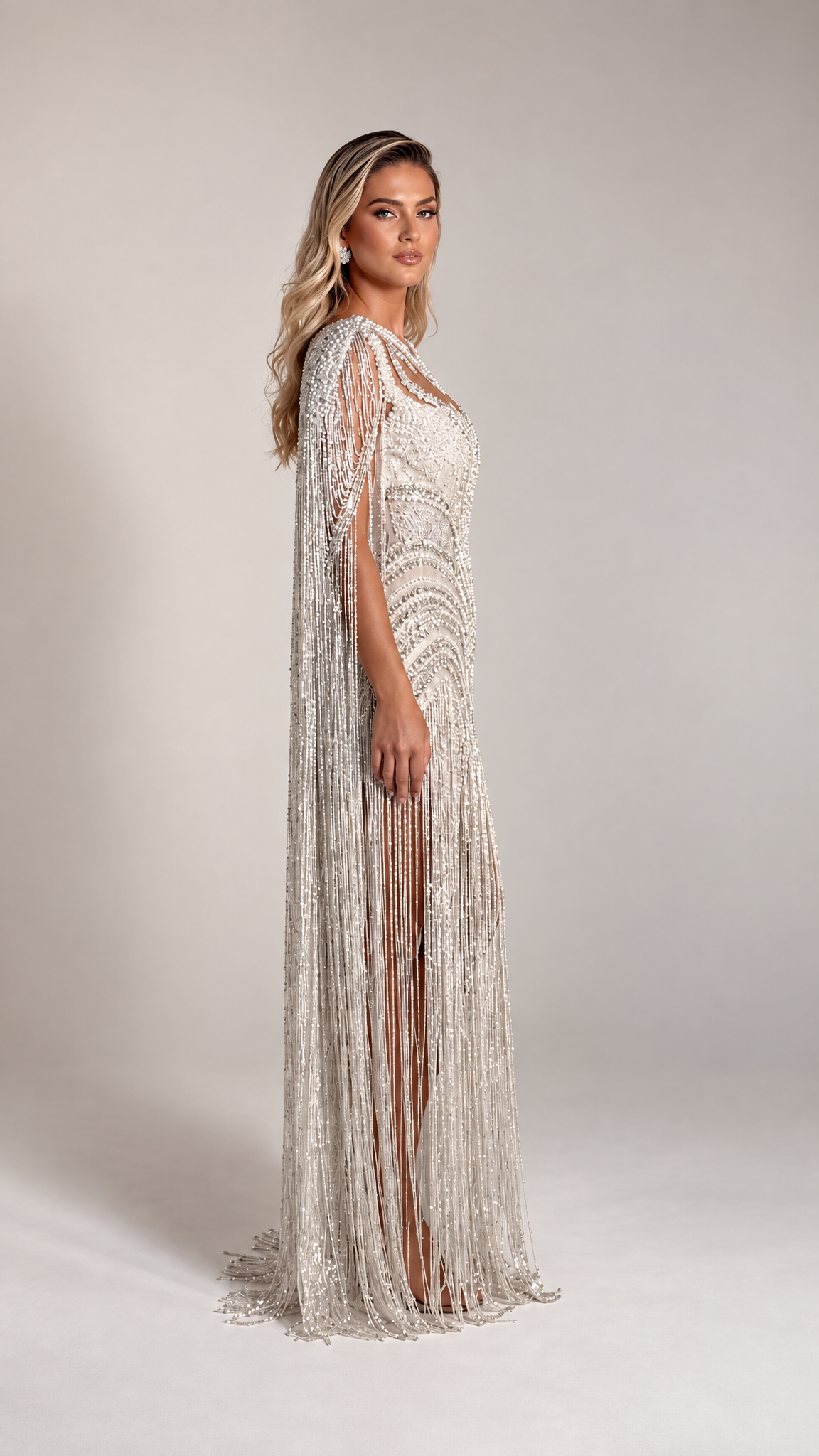 Luminous Beaded Fringe Cape Evening Gown