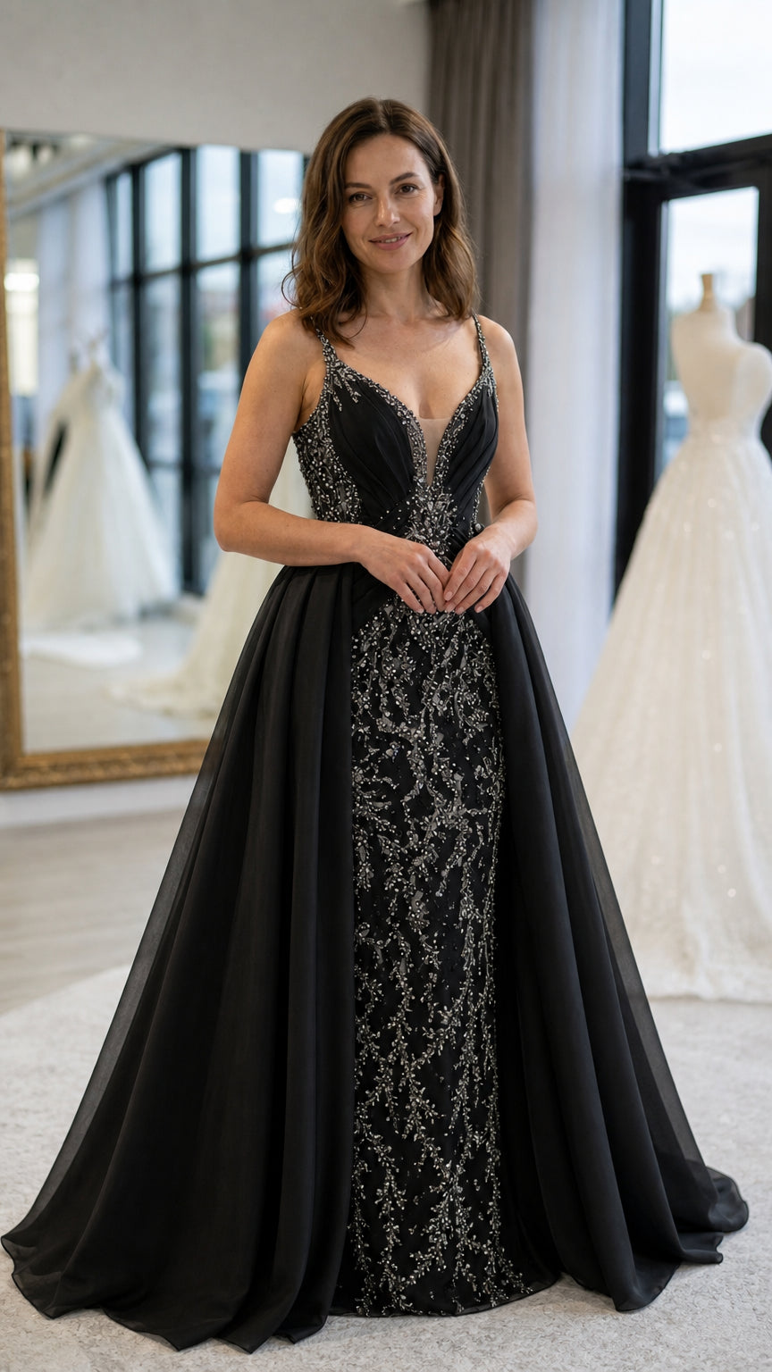 Beaded Illusion Plunge Evening Gown with Ruched Bodice and Overskirt