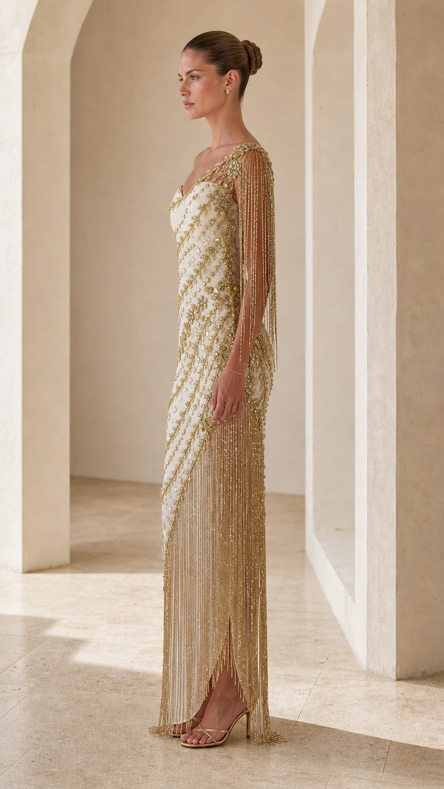One-Shoulder Beaded Fringe Evening Gown with Metallic Leaf Embroidery