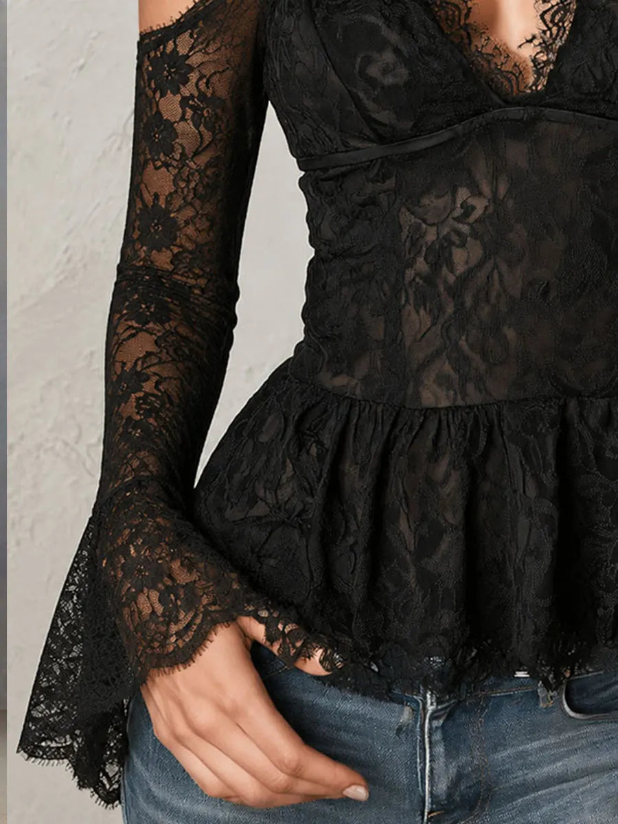 Retro Elegant Black Lace Halter Neck & Flared Sleeve Blouse