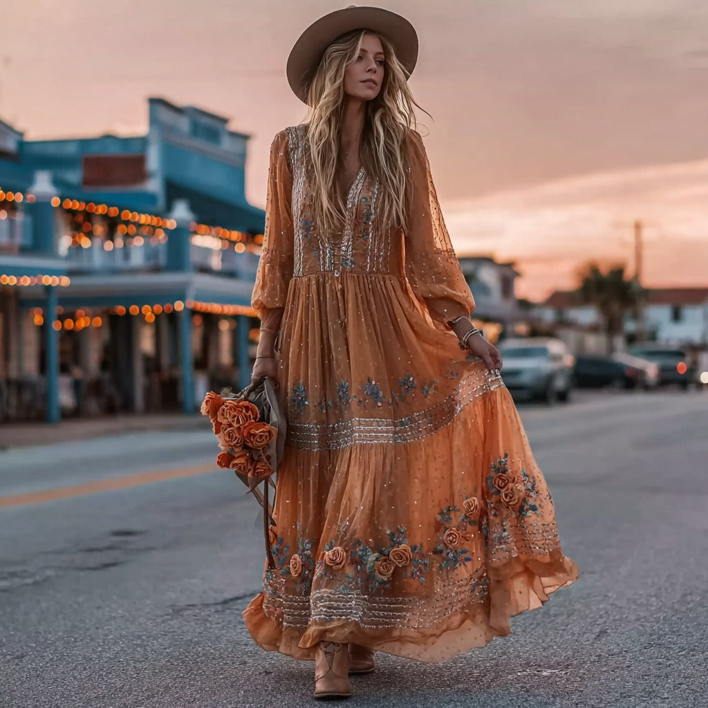 Women's Orange Rose Gilded Pattern Elegant Long Sleeve V-neck Dress