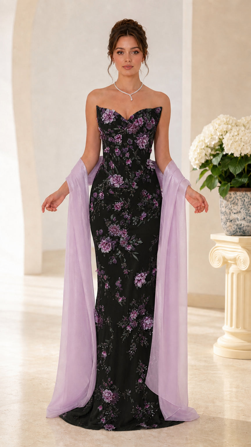 Strapless 3D Floral Embroidered Evening Gown with Sheer Wrap