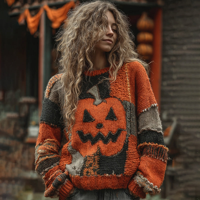 Vintage Halloween Pumpkin Face Patchwork Knitted Crew Neck Cozy Sweater