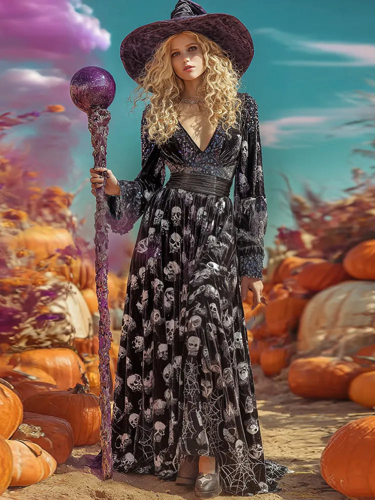 Women's  Vintage Halloween Skull Art Comfy Velvet Maxi Dress