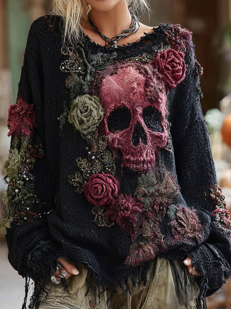 Rose And Skull Embroidered Gothic Chunky Knit Sweater