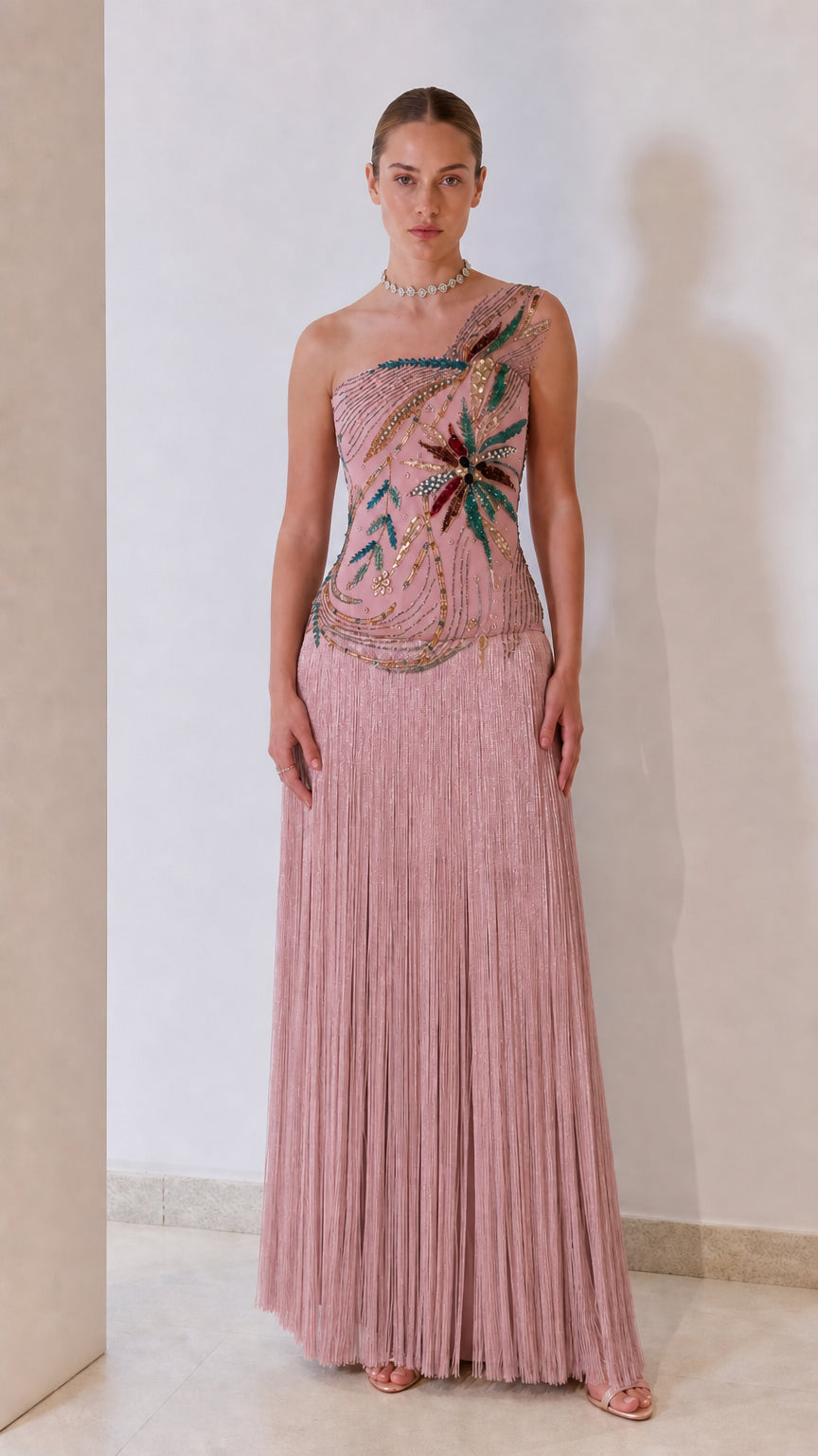 One-Shoulder Beaded Corset Fringe Maxi Evening Gown