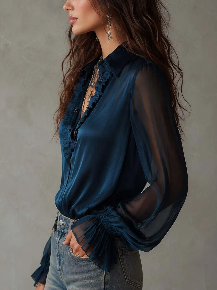 Vintage Tencel Blend Ruffle Collar Sheer Long-Sleeve Shirt