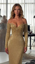 Off-Shoulder Beaded Starburst Evening Gown with Long Sleeves