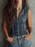 Retro Blue Ruched Denim Sleeveless Shirt